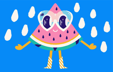 Cute Watermelon Character in Rain, Summer Fruit Illustration