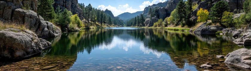 Scenic view of lake in pine forest with reservoir and sky concept. A serene lake surrounded by rocky mountains and lush greenery.