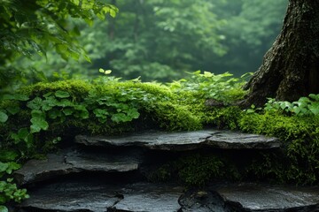 Fototapeta premium Tranquil nature scene with mossy stones and trees forest landscape photography lush green environment close-up view