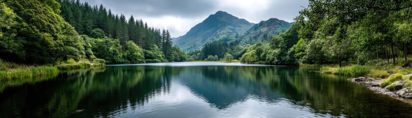 Fototapeta premium Scenic view of lake in pine forest with cloudy summer sky concept. Scenic lake surrounded by lush greenery and majestic mountains.