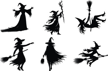 Fototapeta premium Spooky Halloween Witch Silhouette clipart SVG Bundle. Flying Witch, Creepy Witch, Witch on Broomstick, Evil Witch, Witchcraft, Vintage Halloween Witch, Haunted Witch, Scary Flying Witch, Night Magic.