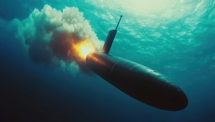 Fototapeta premium Submarine Launching Torpedo Underwater in Deep Ocean Environment