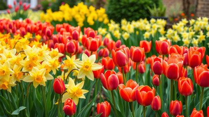 Obraz premium Vibrant red tulips and cheerful yellow daffodils bloom together in a beautiful sp garden showcasing a stunning array of colors and textures.