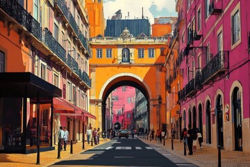 Fototapeta premium Vibrant street scene with colorful historic buildings and an archway passage filled with pedestrians and a car under sunny skies