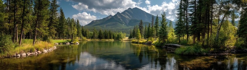 Obraz premium Scenic view of lake in pine forest with cloudy summer sky concept. Stunning mountain landscape reflecting in calm water under clouds.