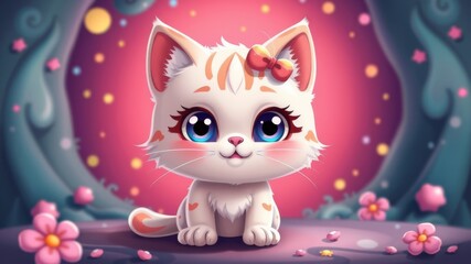 Fototapeta premium Adorable cartoon kitten with big blue eyes sits amidst pink flowers and magical glowing lights in a whical forest scene.