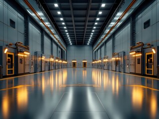 Fototapeta premium Industrial warehouse interior with modern lighting and sleek design high-tech environment wide-angle view