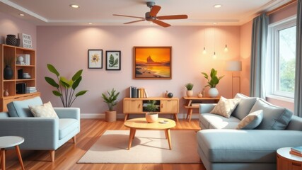 Fototapeta premium A stylish mid-century modern living room features light blue sofas and wooden furniture creating a calm and inviting atmosphere perfect for
