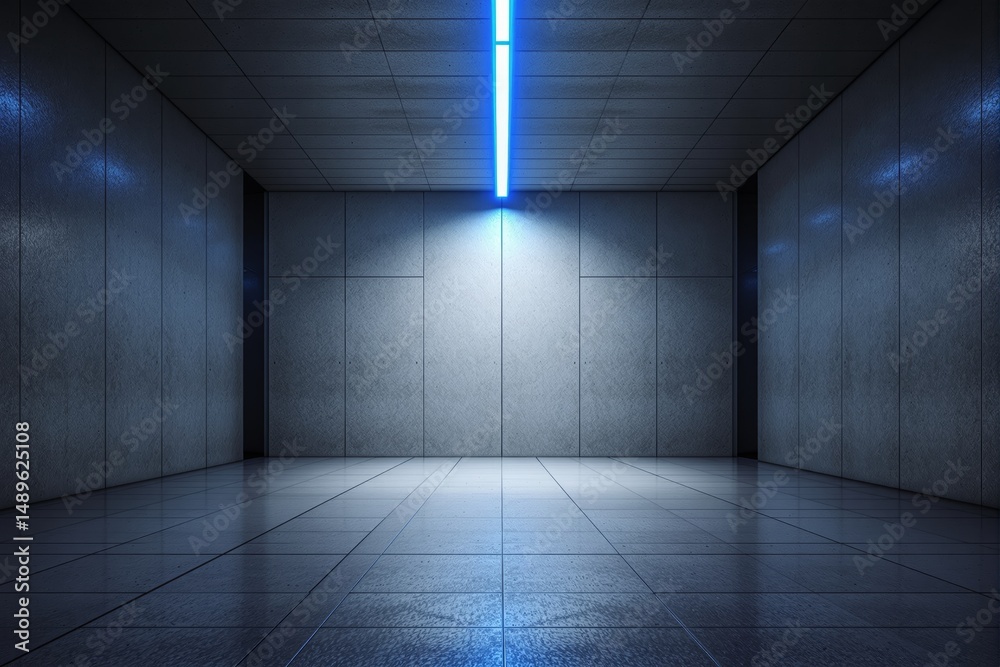 Aufkleber empty futuristic hallway with blue neon ceiling light, minimalistic modern architectural style, refl