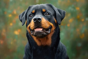close-up portrait of a happy rottweiler dog with black and tan fur sitting against blurred green and orange background