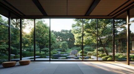 Obraz premium Tranquil garden view serene zen space interior design natural light indoor perspective calm atmosphere