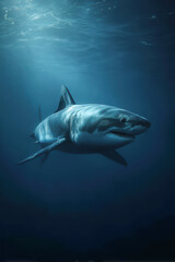 Fototapeta premium Large shark swimming underwater in the deep blue ocean with rays of sunlight filte through the water surface and a calm mysterious marine environment