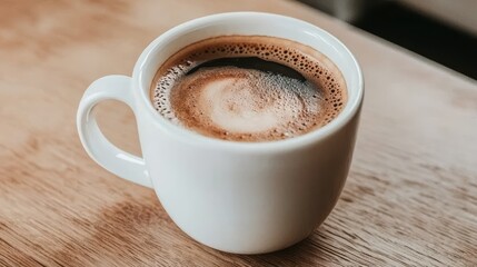 Obraz premium Freshly Brewed Coffee in a White Cup on a Wooden Surface