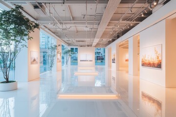 Obraz premium Art exhibition opening modern gallery photography display urban environment wide-angle view creative inspiration