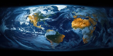 High-resolution satellite view of Earth showing continents North America, South America, Africa, and Europe with detailed cloud formations and ocean reflections under sunlight