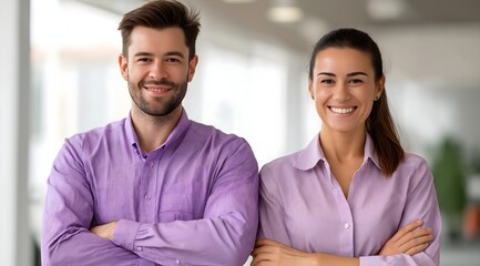 Confident Diverse Professionals in Coordinated Purple Shirts Smiling in Modern Office – Teamwork, Corporate Collaboration & Business Success Concept