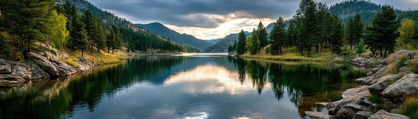 Fototapeta premium Scenic view of lake in pine forest with reservoir and sky concept. Serene lake surrounded by mountains and lush greenery at dusk.