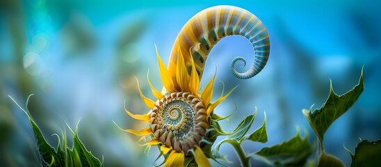 Spiral sunflower bloom with surreal fractal pattern, Concept of nature, organic pattern