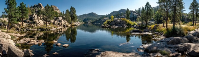 Scenic view of lake in pine forest with reservoir and sky concept. Tranquil lake surrounded by mountains and lush greenery.