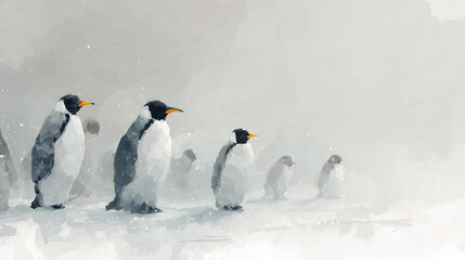Obraz premium Group of seven emperor penguins walking in a line on snowy ice surface du winter with cloudy sky background in a natural cold habitat