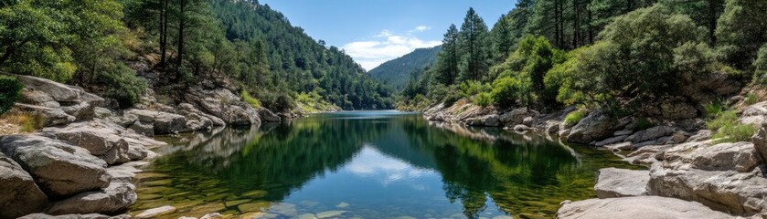 Fototapeta premium Scenic view of lake in pine forest with reservoir and sky concept. Breathtaking view of a serene lake surrounded by lush mountains.