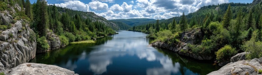 Scenic view of lake in pine forest with cloudy summer sky concept. Serene river scene surrounded by lush greenery and rocky cliffs.