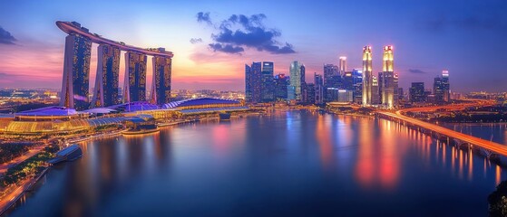 Fototapeta premium Panoramic cityscape at sunset with illuminated tall skyscrapers and a modern bridge over calm water reflecting colorful lights
