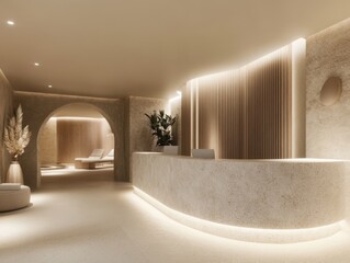 A modern interior design perspective of a spa reception