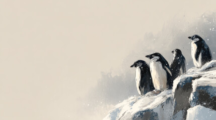 Obraz premium Group of penguins standing on icy rocks in a snowy landscape with overcast sky, realistic winter wildlife scene captu cold environment and animal behavior