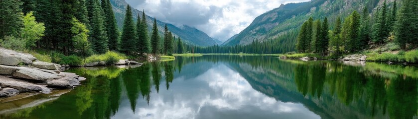 Fototapeta premium Scenic view of lake in pine forest with cloudy summer sky concept. A serene lake reflecting mountains and lush trees under clouds.