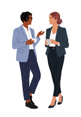 Business people, man and woman in formal suits standing with coffee cups, having coffee break, communicating, talking. Colorful flat vector illustration isolated on transparent background