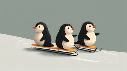 Three cute penguin figurines with orange beaks and flippers sitting on wooden skis with black adjustable straps on a light gray background