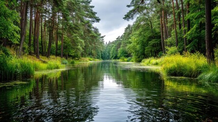 Obraz premium Scenic view of lake in pine forest around beautiful landscape concept. Serene river flowing through lush green forest landscape.