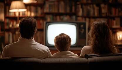 Family watches television together in living room
