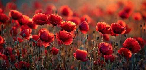 Fototapeta premium Poppy field red flowers nature landscape