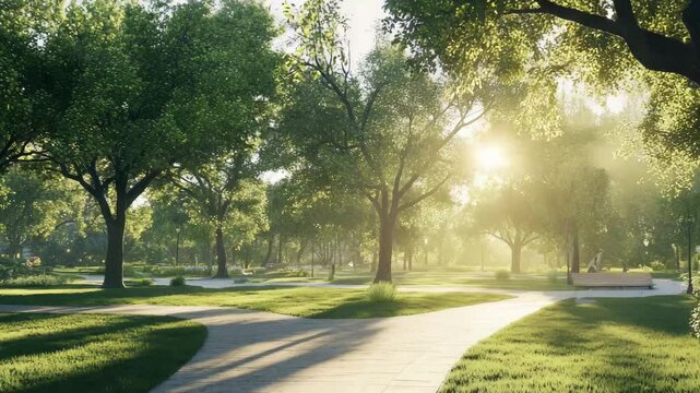 A park with a path and trees. The sun is shining through the trees, creating a peaceful and serene atmosphere