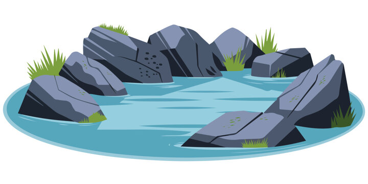 Tranquil outdoor water pond natural scene isolated vector illustration on white background