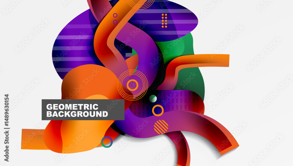 Poster Abstract geometric shapes, vibrant colors, dynamic composition. Modern design elements create visually interesting background.