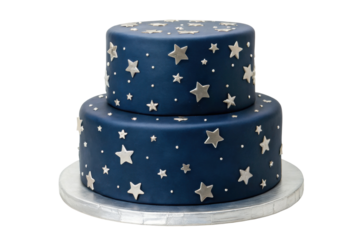 PNG Two-tier navy blue cake with silver stars and dots on metallic base