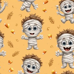 Fototapeta premium Cute Cartoon Mummy Kids Halloween Seamless Pattern Orange Background