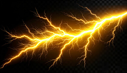 Sharp and dynamic lightning bolt with bold angular edges isolated on transparent background, glowing with intense yellow light, creating dramatic and electrifying effect