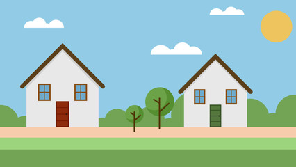 Flat Suburban Neighborhood Scene with Houses and Trees – Vector Illustration