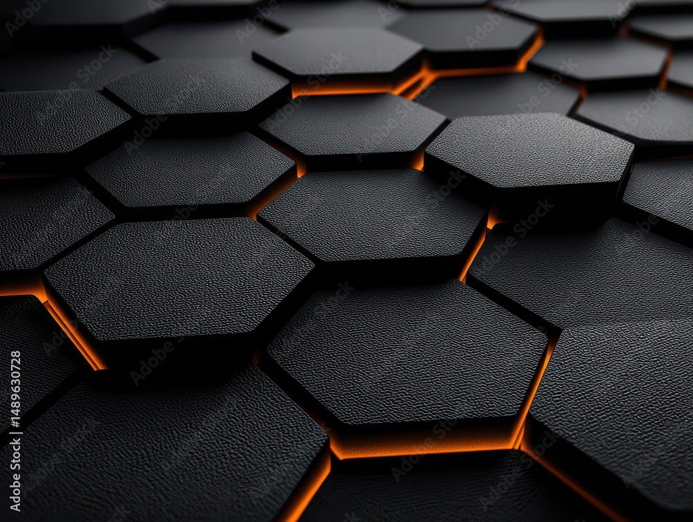 Poster textured black hexagonal tiles with glowing orange edges creating a modern and stylish background de