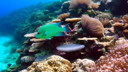 Vibrant green fish swims near colorful coral reef, featuring diverse corals and underwater marine ecosystem, showcasing biodiversity.