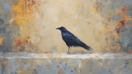 Fototapeta premium 壁の前いたたずむカラスの油絵_1