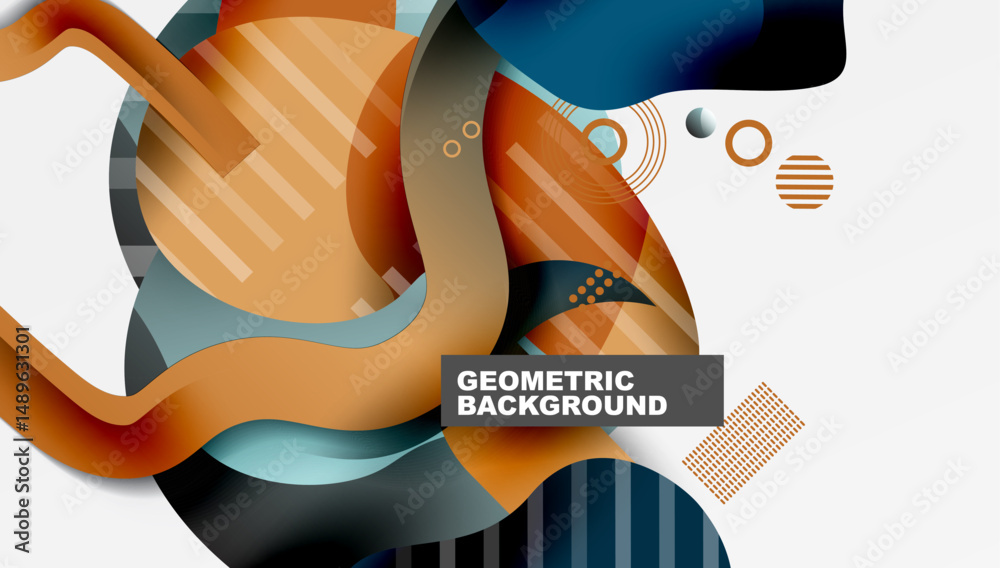Poster Abstract design features overlapping shapes, lines, colors. Modern aesthetic, dynamic composition, geometric patterns present.