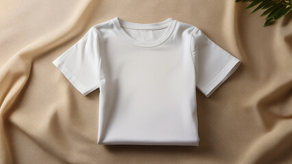 Photorealistic flat lay of a plain white t-shirt neatly folded on a beige linen surface, natural daylight, minimal shadow, clean and simple, no branding or logo.