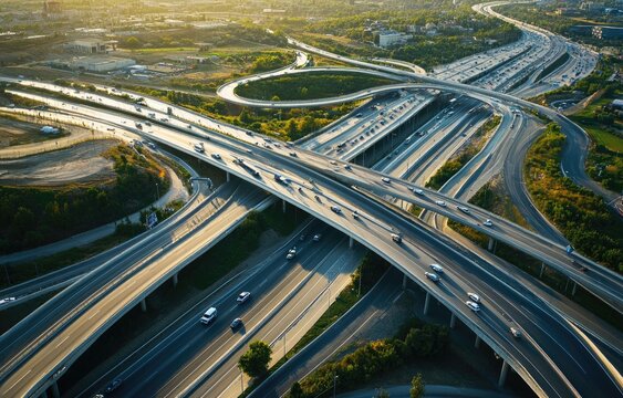 Aerial view of a complex highway interchange at sunset.  Busy roads crisscross with numerous overpasses,  showing cars and trucks navigating the network