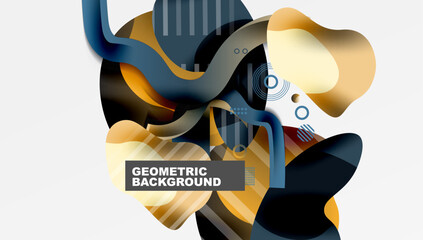 Abstract shapes overlap, creating dynamic composition. Colors blendgold, blue, grayover white background. Modern design elements present.