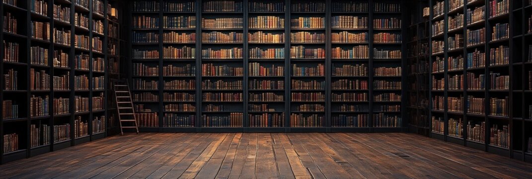 Spacious traditional library with tall wooden bookshelves filled with numerous old books and a ladder leaning against one shelf on wooden flooring